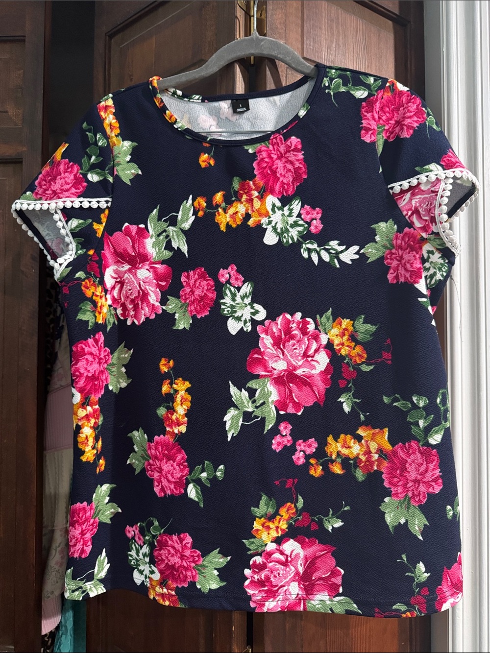Navy Floral Short Sleeve Top with Pink Roses